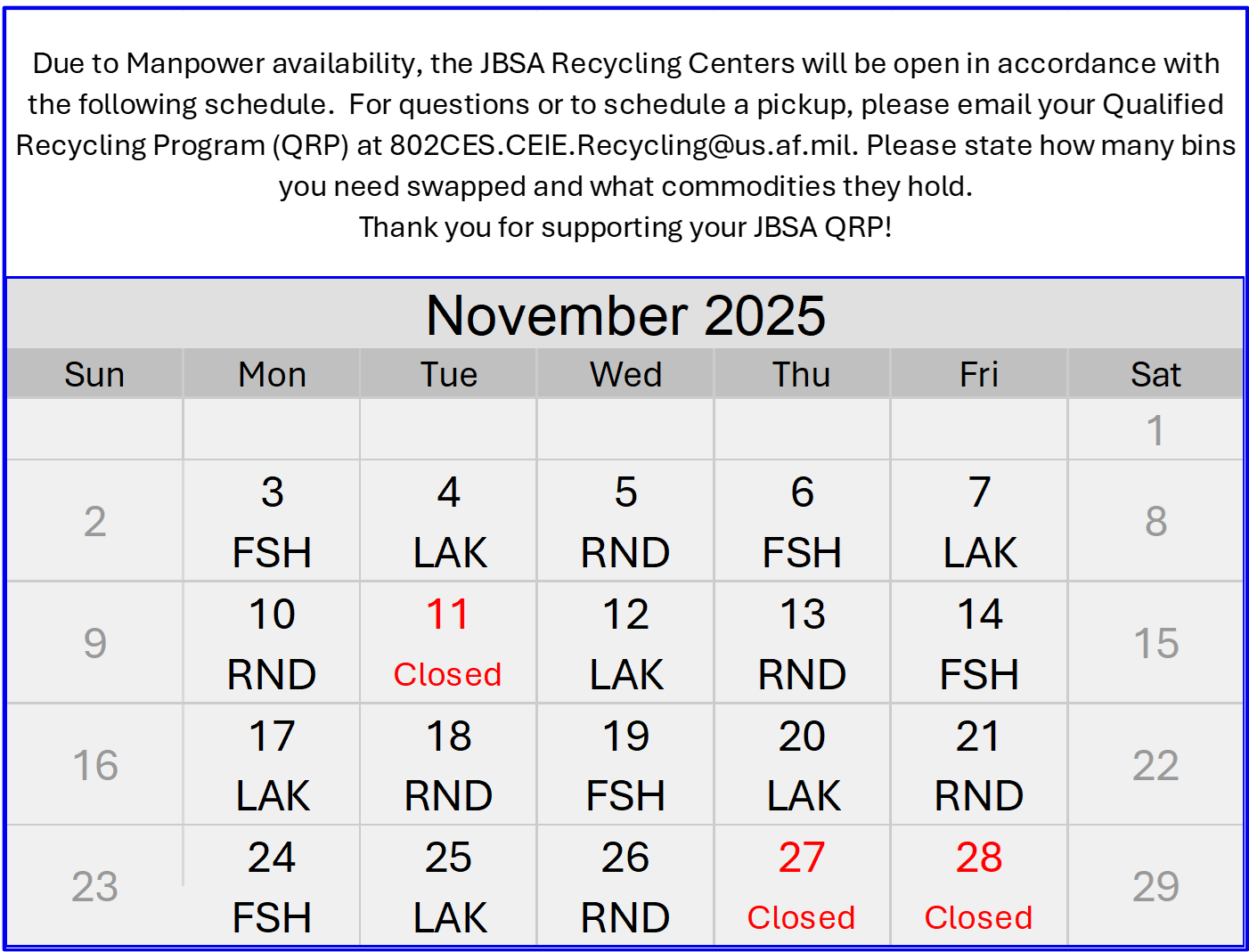 NOV 2025 RECYCLE SCHEDULE