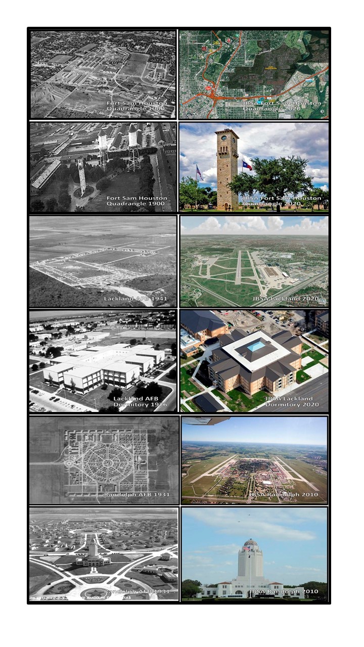 Aerial photos of Joint Base San Antonio show the base during different periods throughout history.